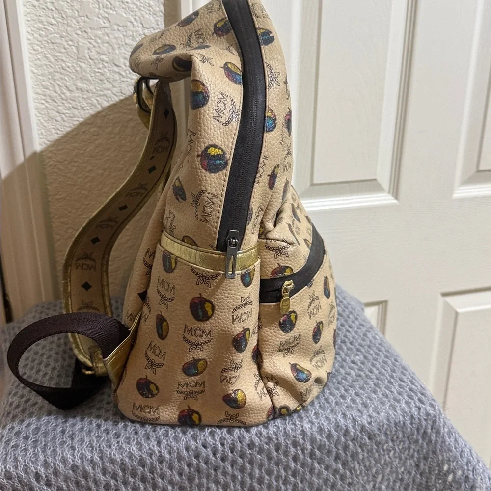 MCM Beige Backpack with Colorful Logo Pattern